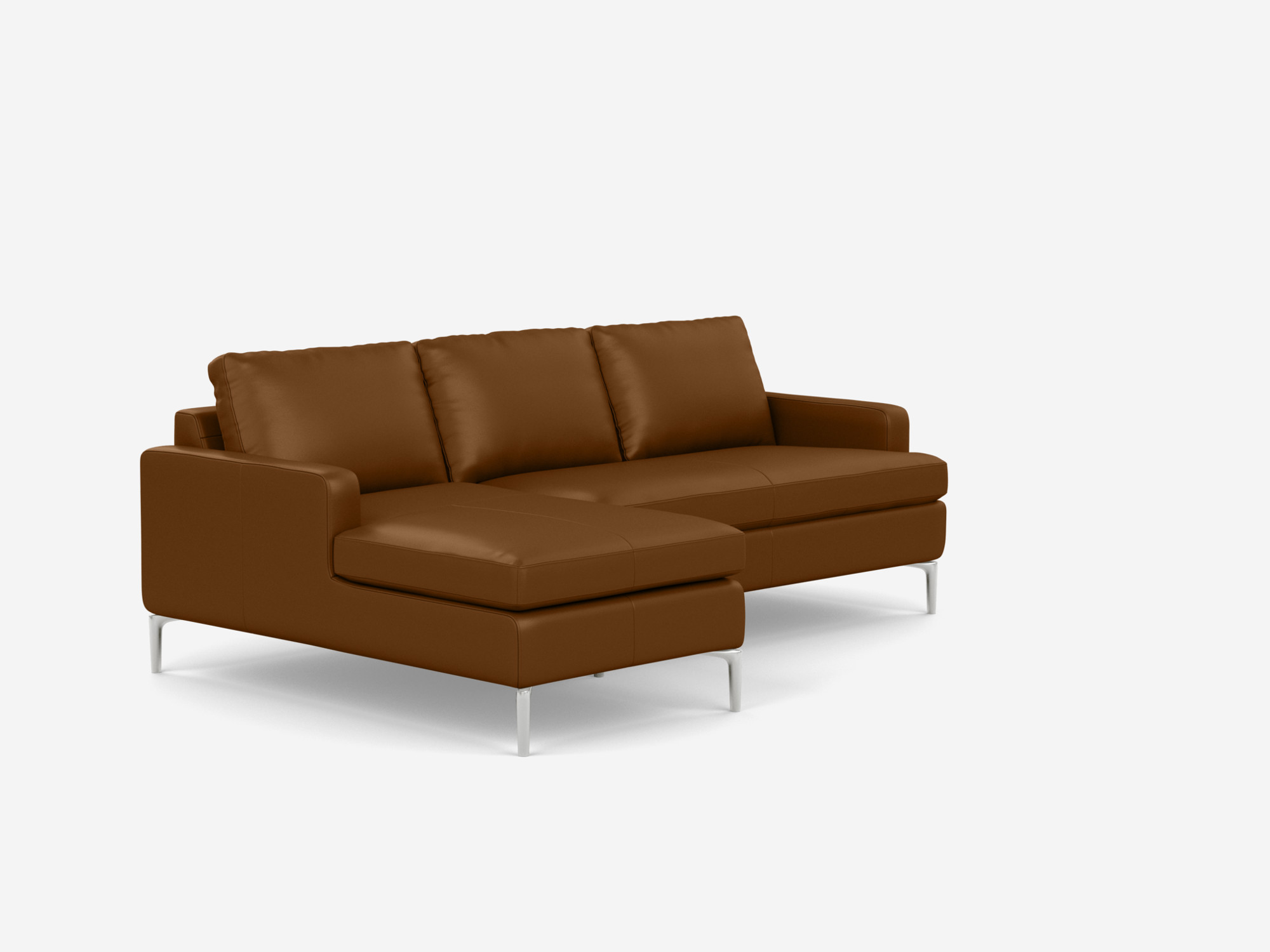 Angled view of the Eve mid century sectional in brown leather with left chaise